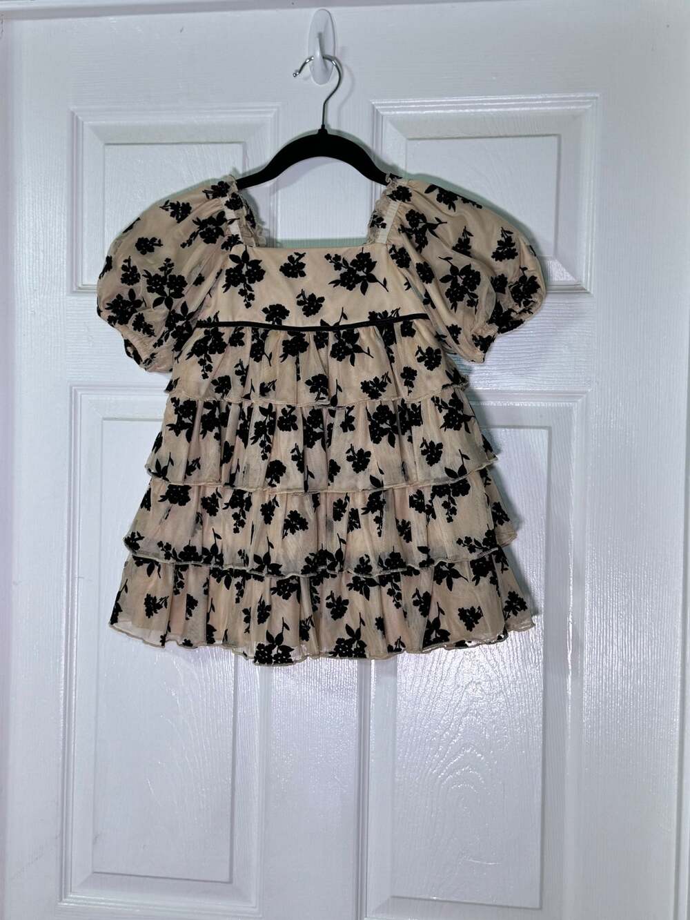 Janie and Jack Girls Beige Black Flocked Velvet Floral Tiered Tulle Dress Size 3